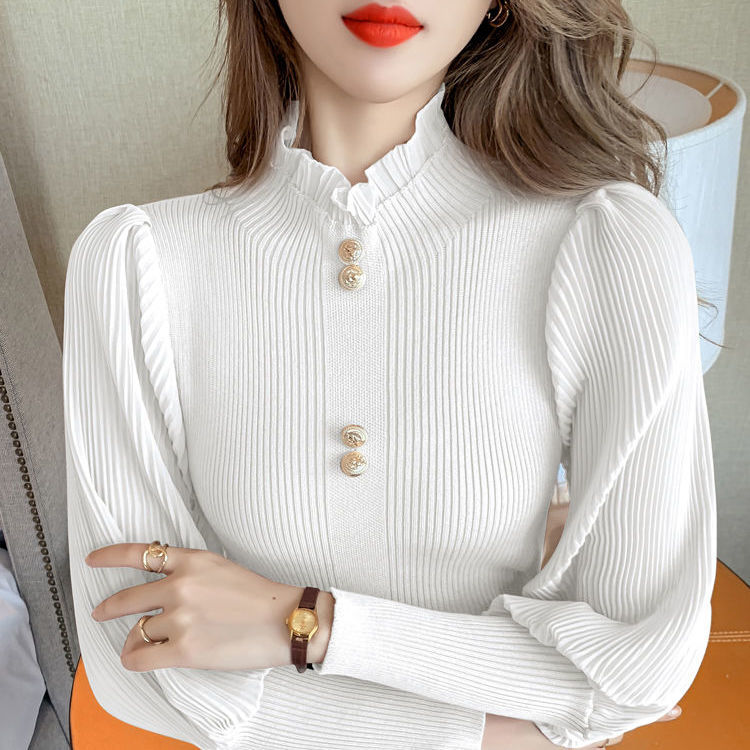 Sweater Slim Coat Half Turtle Neck Women’s Spring and Autumn New Chiffon Stitching Lantern Sleeve Sweater alx