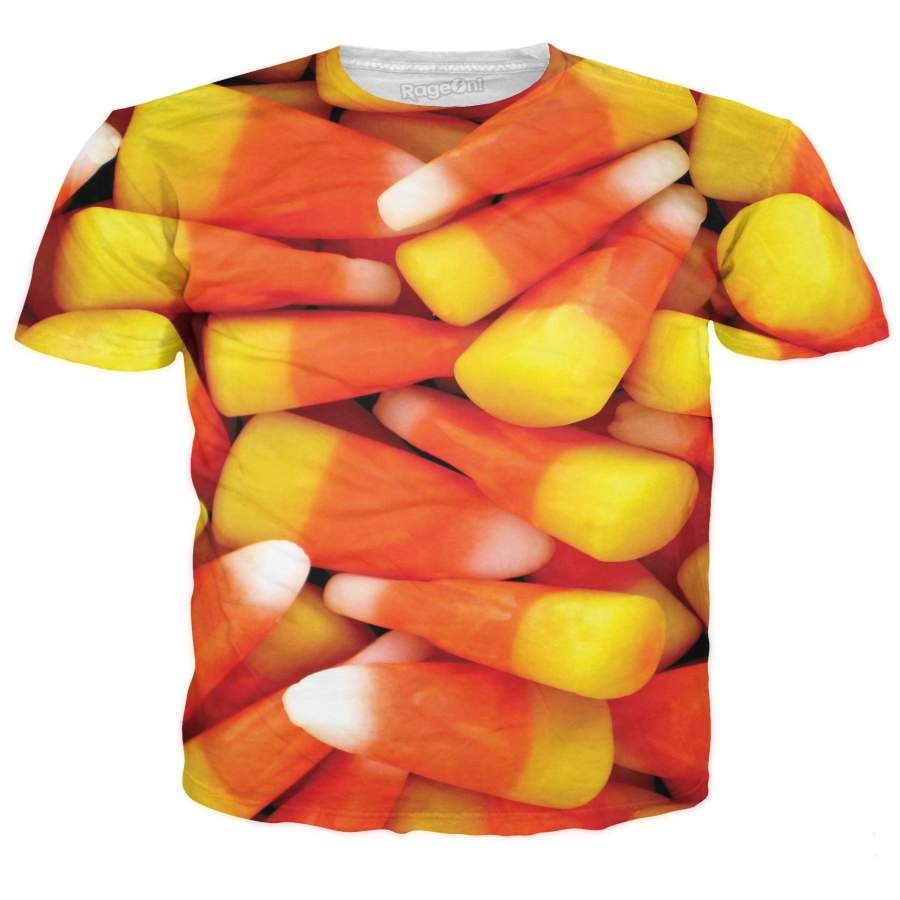 Candy Corn Collage All-Over Print Sublimated Cotton Orange Yellow & White Halloween T-Shirt