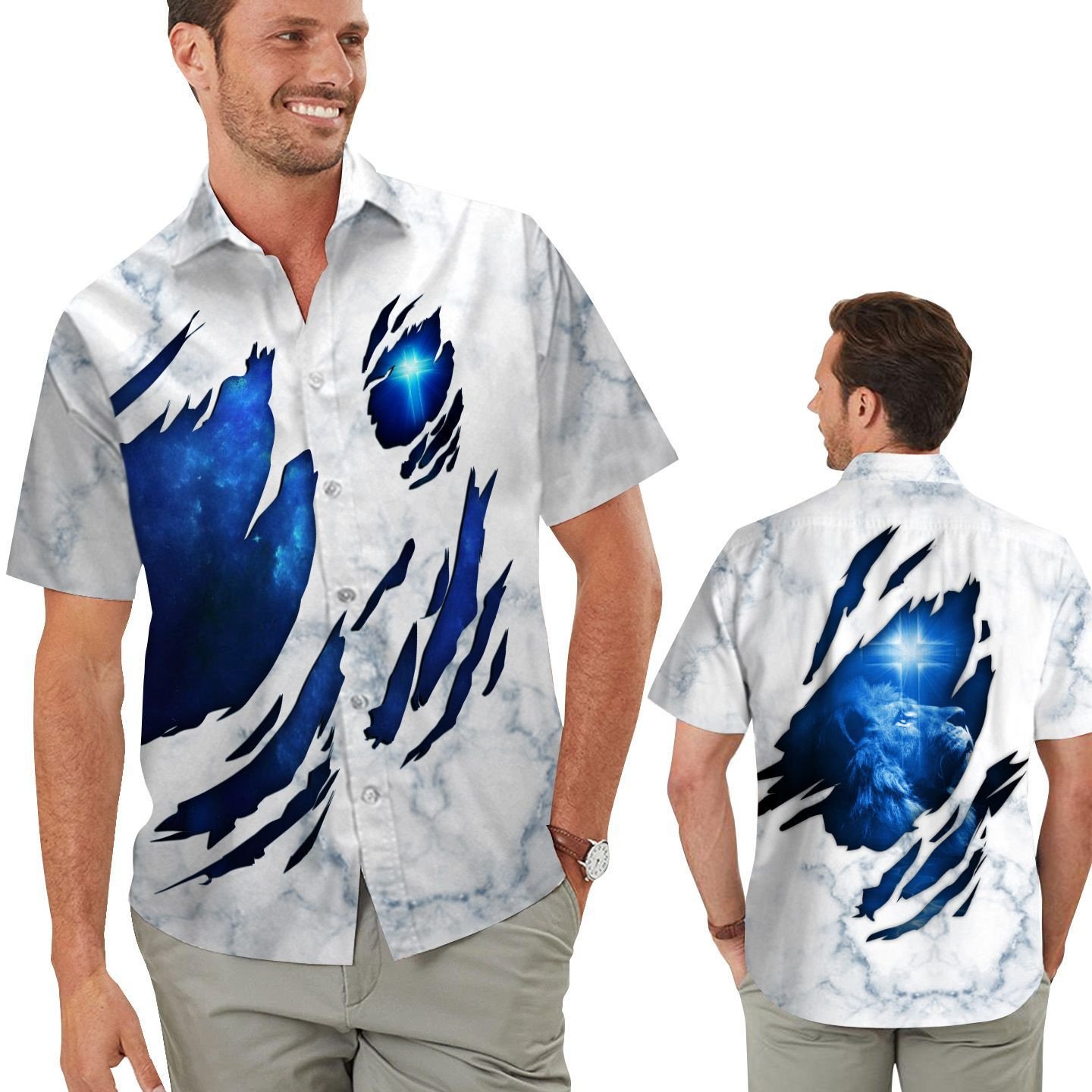 Blue Light Jesus Cross With Lion Torn Fabric Men Hawaiian Shirt – Gift For Lion Lovers