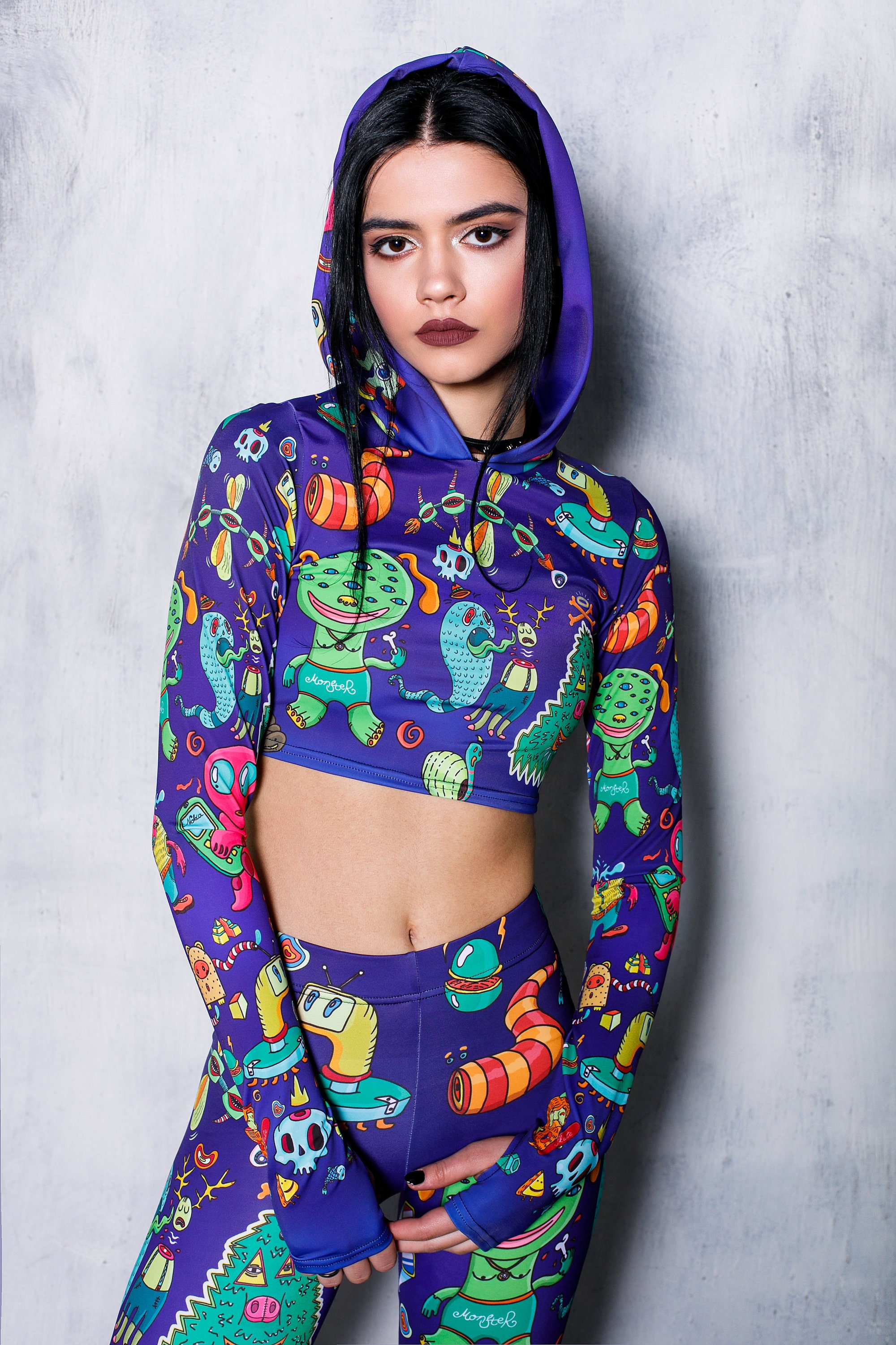 Festival Hoodie Top, blue  hoodie crop top, psychedelic clothing, Harajuku clothing, pastel goth clothing, crop top, anime clothing, Cosplay