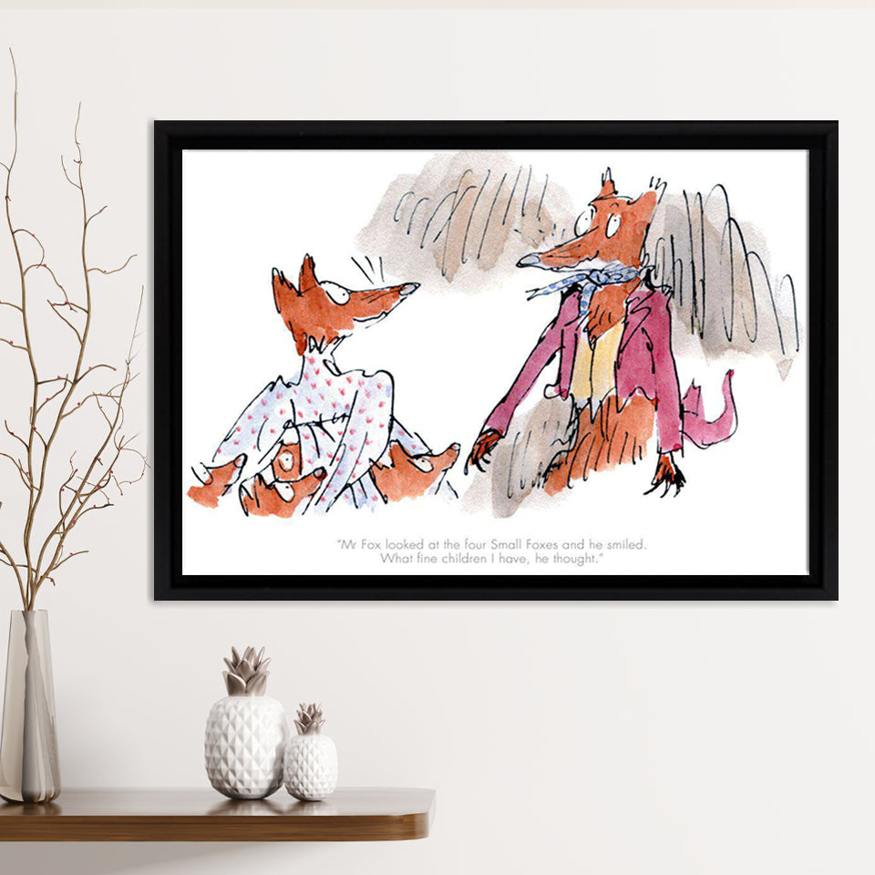 Mr Fox, Mr Fox Looked At The Four Small Foxes Framed Canvas Print – Canvas Painting, Canvas Art, Wall Art, Wall Decor