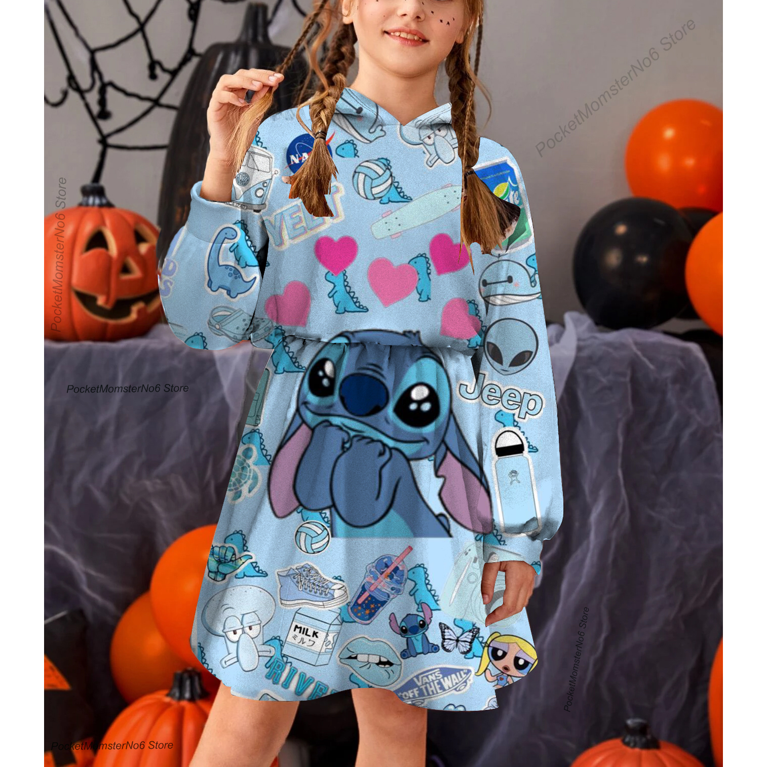 2022 Spring and Autumn New Cartoon Casual Hoodie Kids Dress Print Disney Stitch Long Sleeve Girls Dress 6-14Y alx
