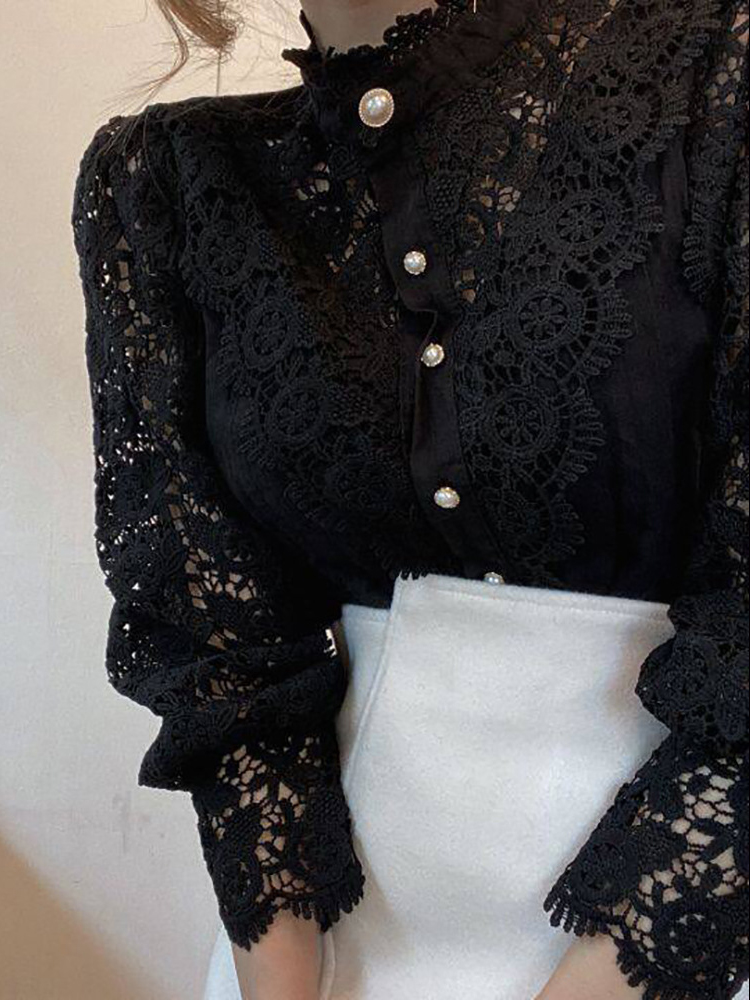 Women Chiffon Button Turtleneck Shirt Chic Elegant Floral Lace Fluffy Long Sleeve Top Fashion Hollow Oversize White Blouse 2022 alx