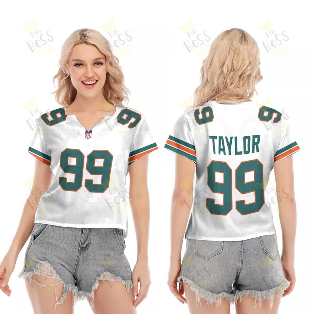 Miami Dolphins Jason Taylor #99 Great Player White 2019 Alternate Game 3D Designed Allover Gift For Dolphins Fans V-Neck Short Sleeve Blouse