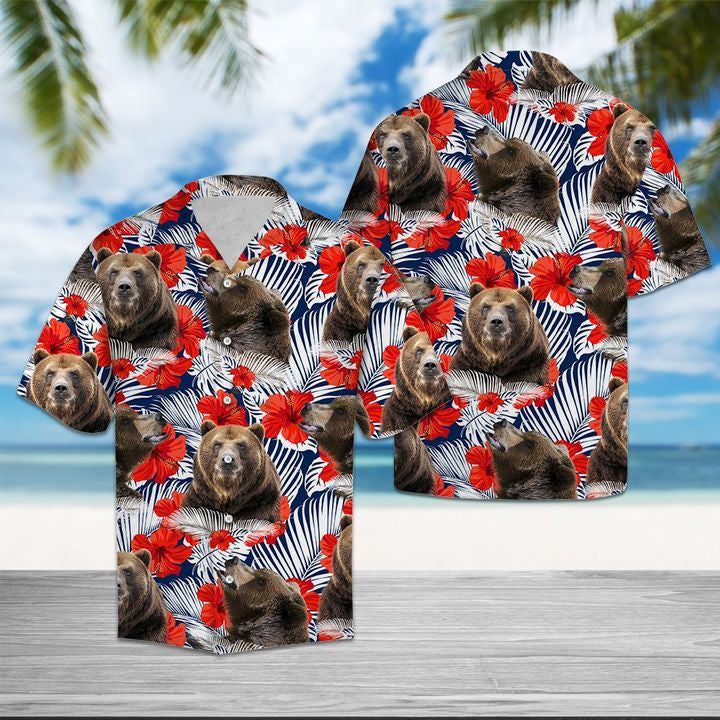 Bear Hibiscus Flower Hawaiian Shirt Summer Button Up For Men, Women, Couple