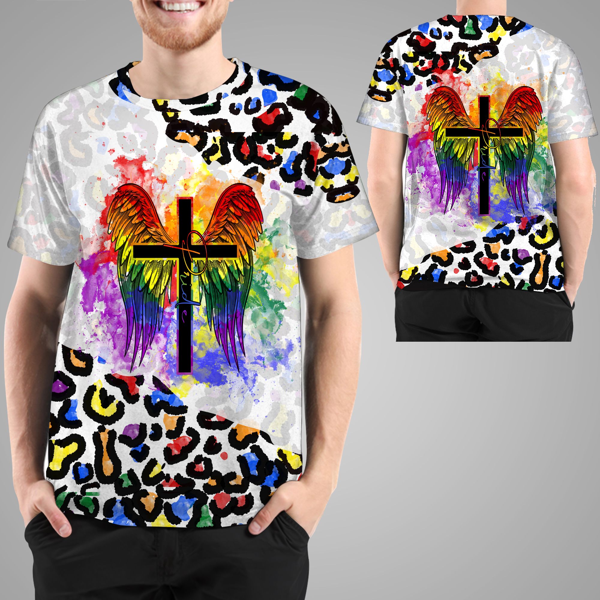 Colorful Leopard With The Cross And Wings 3D T-shirt For LGBTQ+ Community