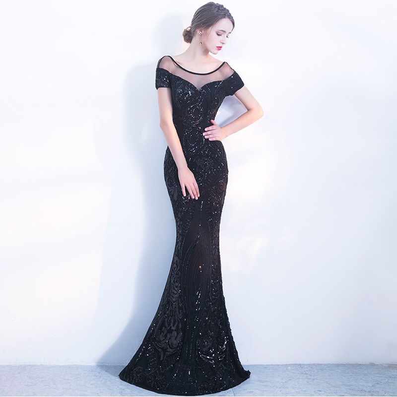 YIDINGZS Elegant Backless Evening Dress Simple Black Sequin Dress Short Sleeve Dress For Women Party alx