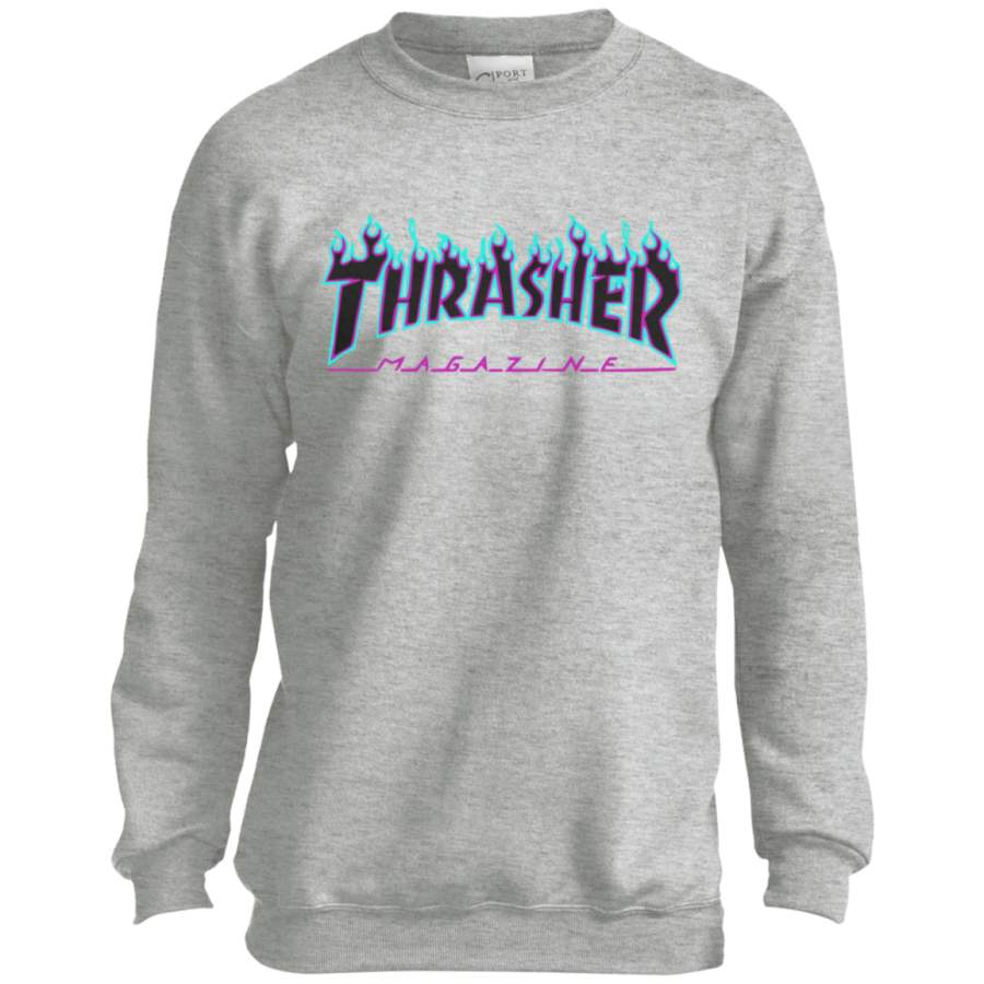 Thrasher puple flame Logo Youth Crewneck Sweatshirt