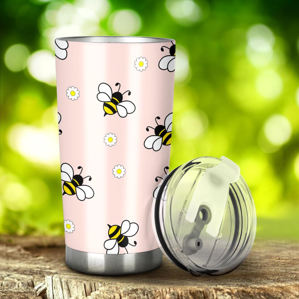 Cute Bee Flower Pattern Pink Background Tumbler