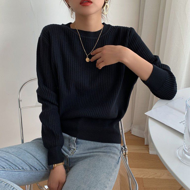 Biyaby Round Neck Knitted Sweater Tops Women Long Sleeve Loose Cropped Pullover Woman Autumn Winter Solid Color Jumper Female alx