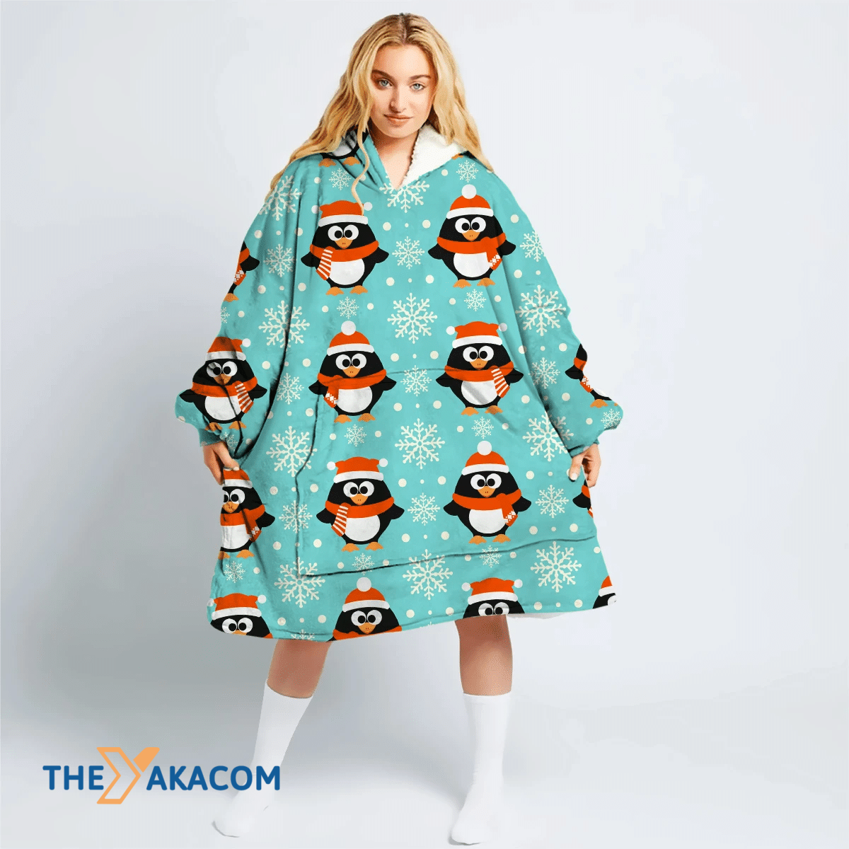 Christmas Winter Background With Funny Penguin Hoodie Blanket