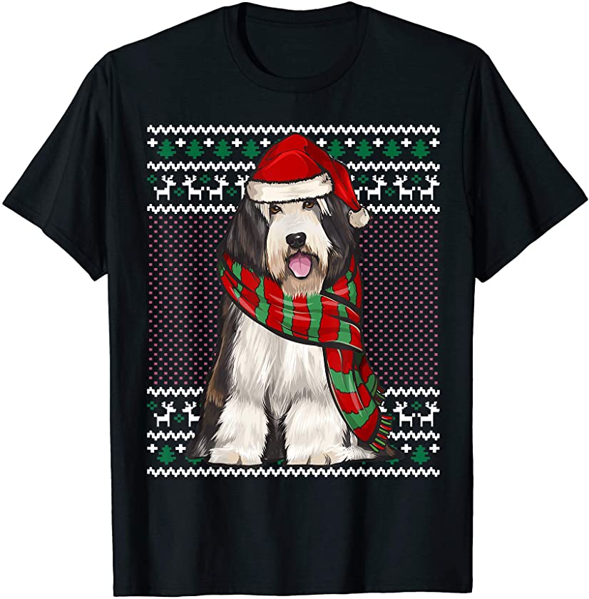 Xmas Bearded Collie Dog Santa Hat Ugly Christmas T-Shirt