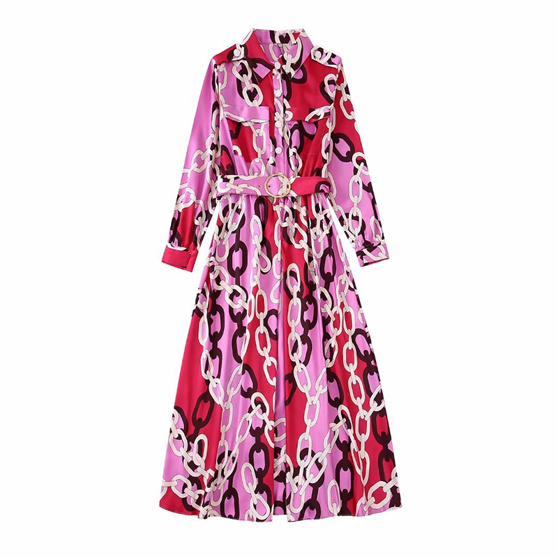 Spring Autumn Chain Print Women’s Shirt Dress Long Sleeve With Sashes Ladies Hight Waist Dresses Midi Length A Line Dress Female alx