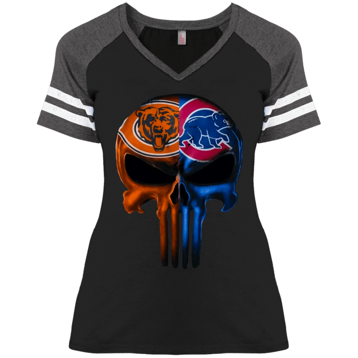 Punisher Skull Chicago Bears And Chicago Cubs Funny Sports Fans Ladies’ V-Neck