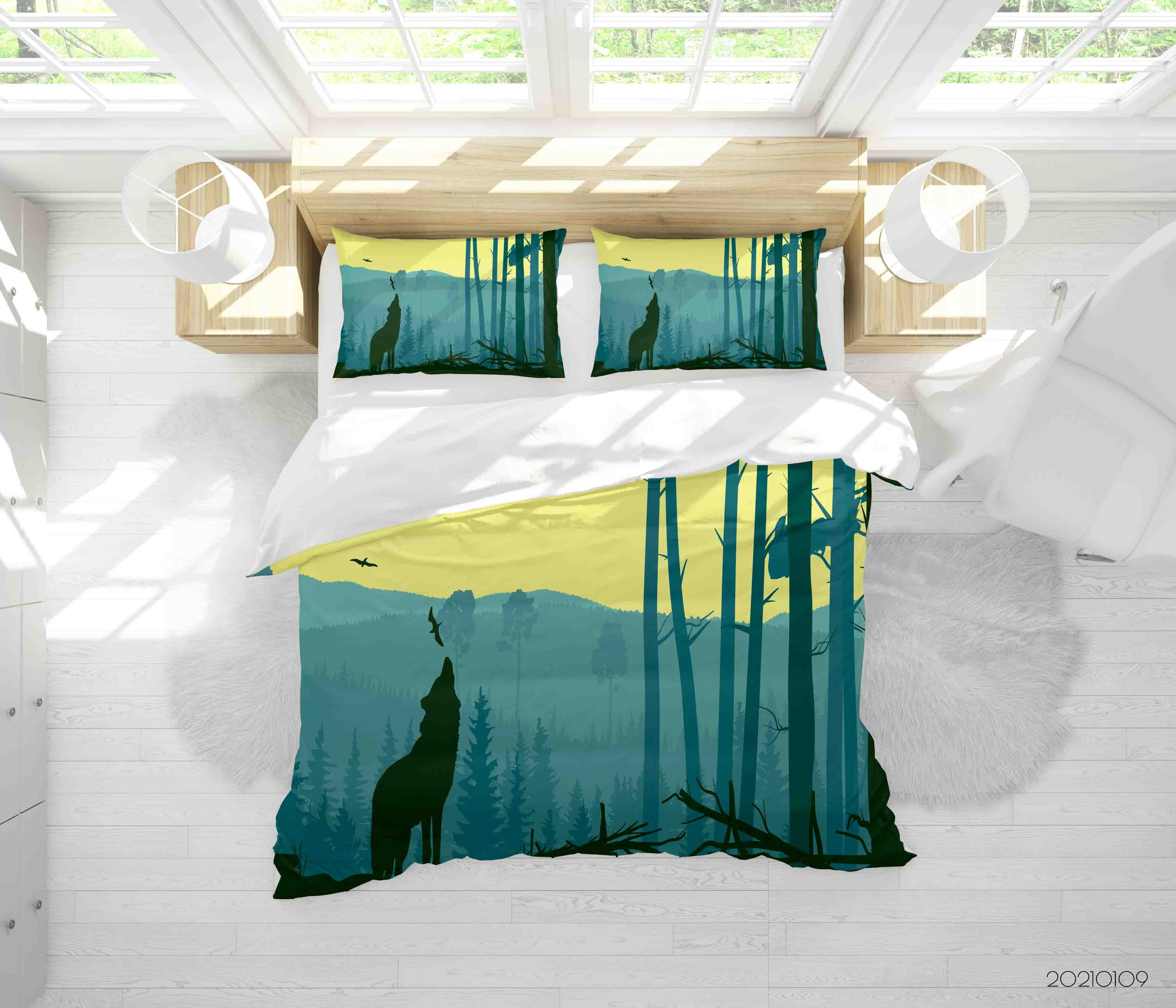 3D Cartoon Green Forest Animal Wolf Quilt Cover Set Bedding Set Duvet Cover Pillowcases 45 Lqh