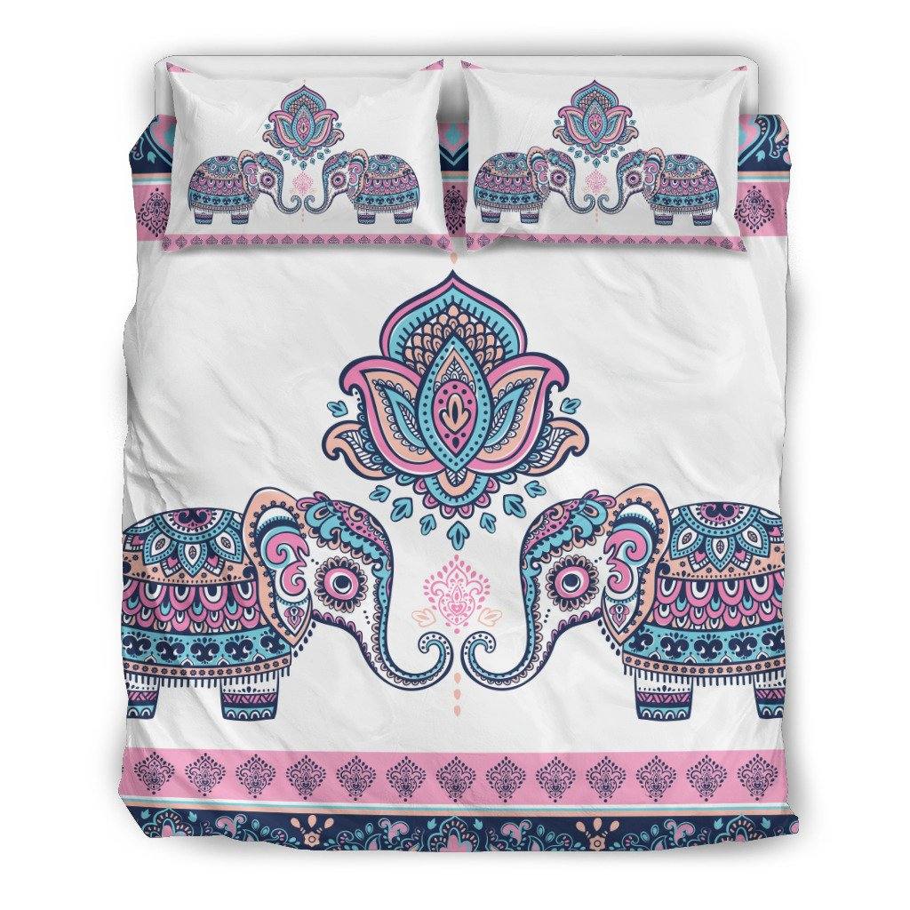 Pink Cream and Blue Mandala Elephant Bedding Set | Duvet Cover, 2 Pillow Cases