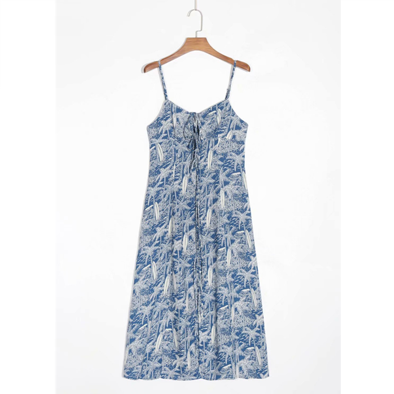 Women Dress Sexy Vestidos Floral Print Blue Spaghetti Strap Dresses Fashion Split Tank alx