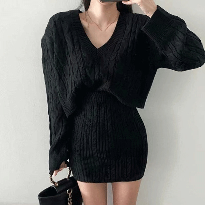 Blue V Neck Twist Sweaters Long Sleeved Knitting Sweater Tops Mini High Waist Slim Wrap Hip Skirt Winter 2 Piece Dress Sets alx