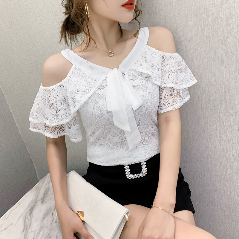 Summer Korean Clothes T-shirt Sexy Off Shouder Bowknot Lace Ruffles Women Tops Ropa Mujer Ruffle Sleeve All Match Tees T06214 alx