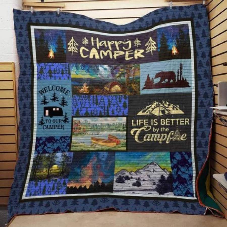 Wozoro Quilt Blanket Camping Happy Camper Dark Background Twin Queen King Size