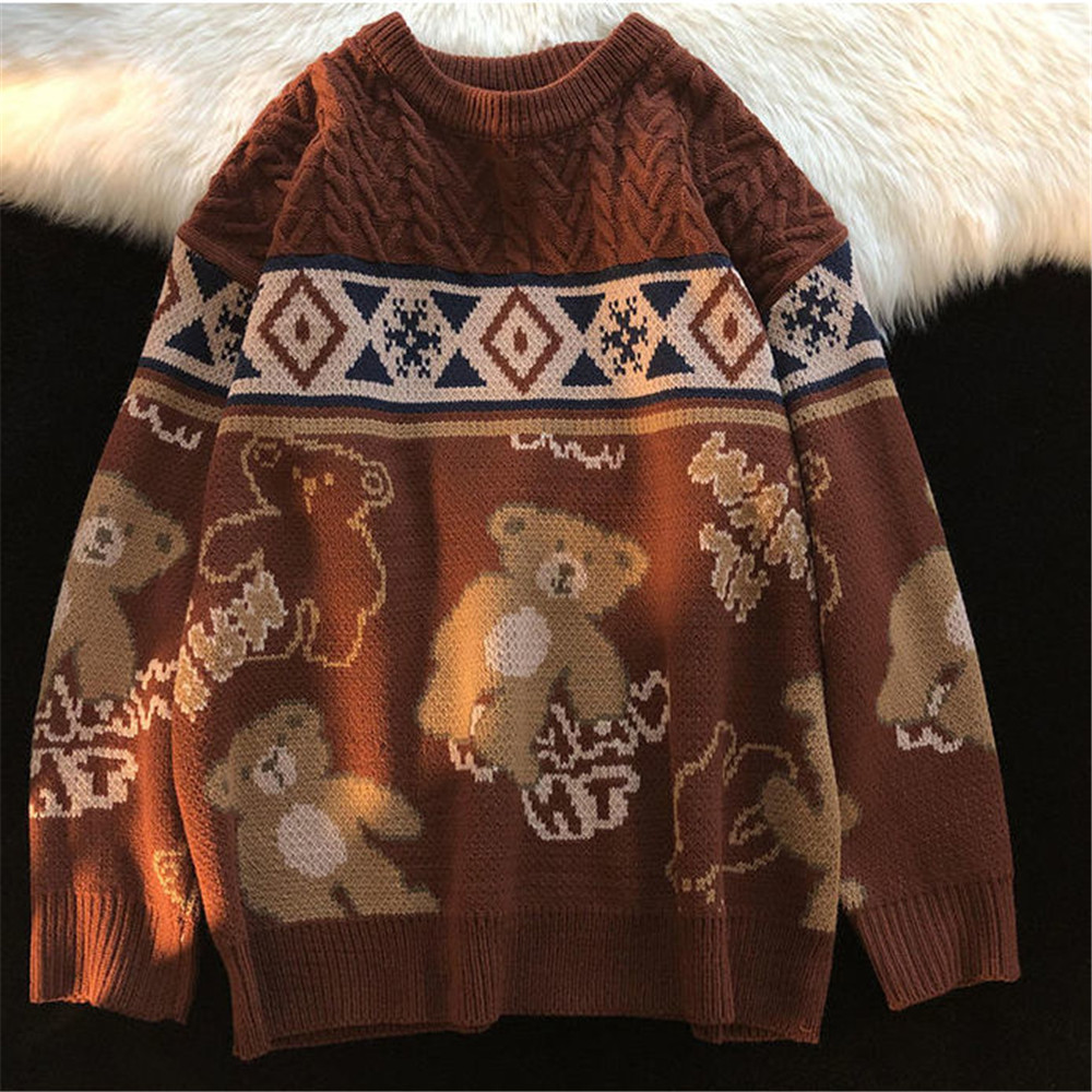 Cute bear tops oversize high street knitted sweater thickened pullover shirt loose Harajuku white men and women couples sweater alx