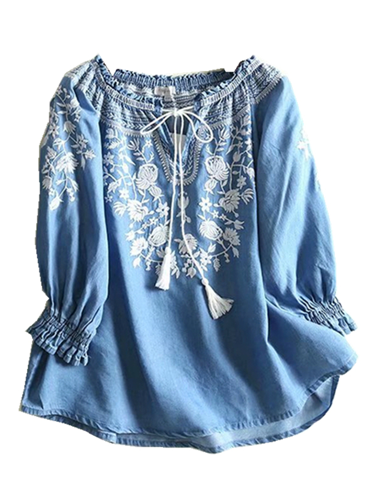 Vintage Chic Women Floral Embroidery Beach Bohemian Denim Cotton Blouse Shirt Long Sleeve V-neck Tassel Loose Boho Jeans Shirts alx