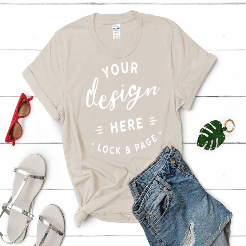 Download Gildan 64000 Natural T-Shirt Mockup Feminine Flat Lay On ...