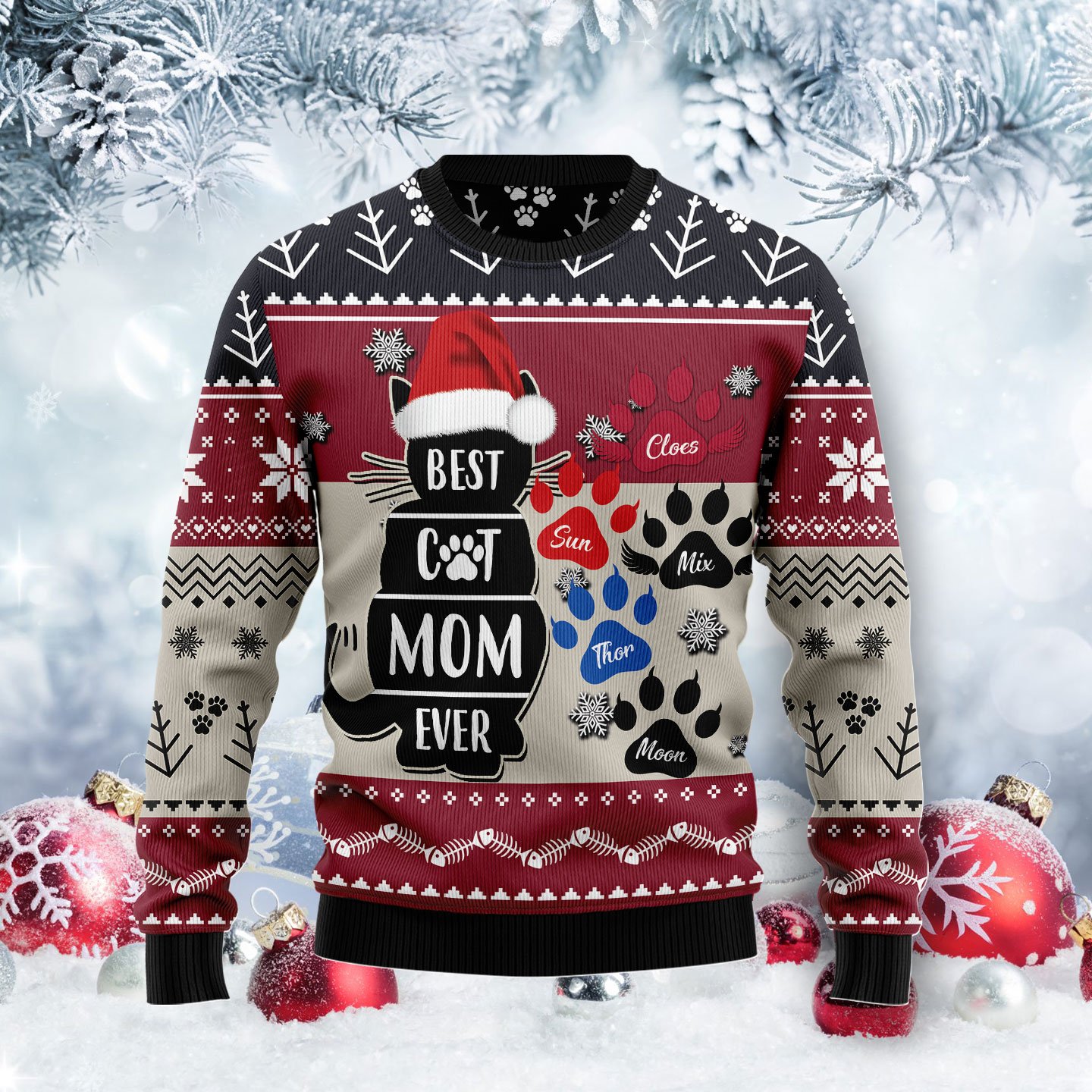 Best Cat Mom Ever Custom Cat Name G5122 unisex womens & mens, couples matching, friends, cat lover, cat mom, funny family ugly christmas holiday sweater gifts (plus size available)