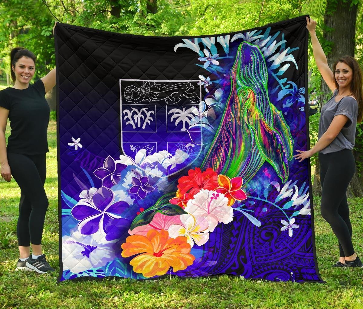 Fiji Premium Quilt – Humpback Whale With Tropical Flowers (Blue)