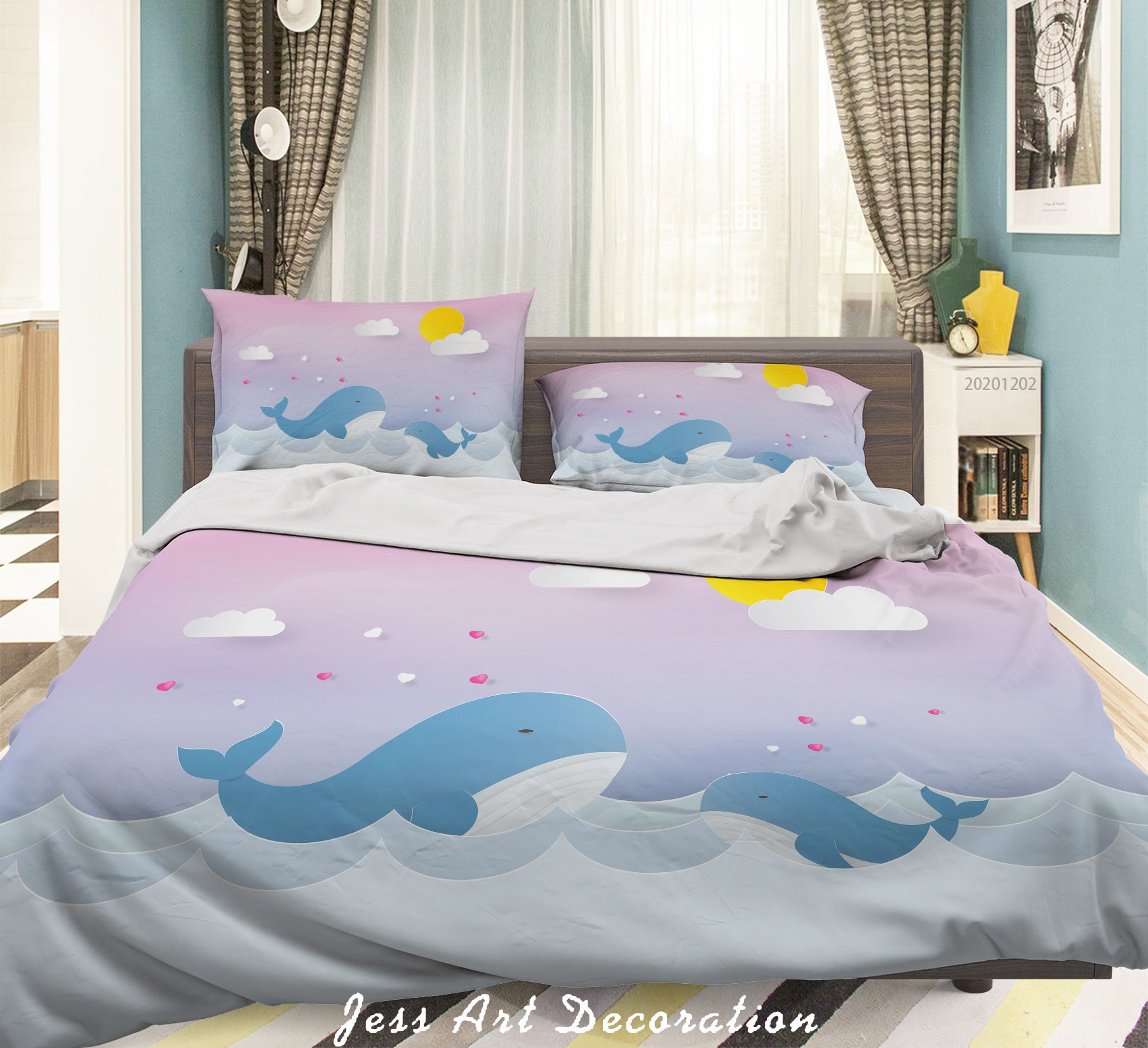 3D Cartoon Sunny Cloud Ocean Whale Fish Quilt Cover Set Bedding Set Duvet Cover Pillowcases Lxl