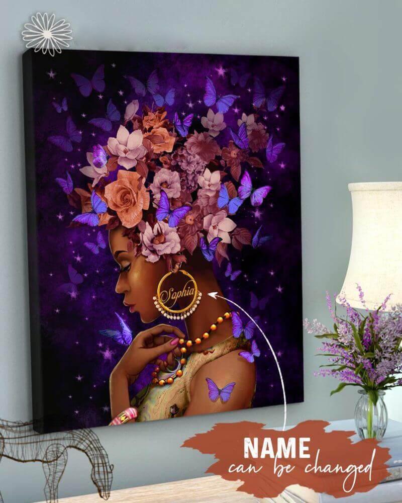 Black Queen Purple Butterflies Custom Name Canvas Poster Print, Wall Art Canvas, Poster Canvas Wall Decor