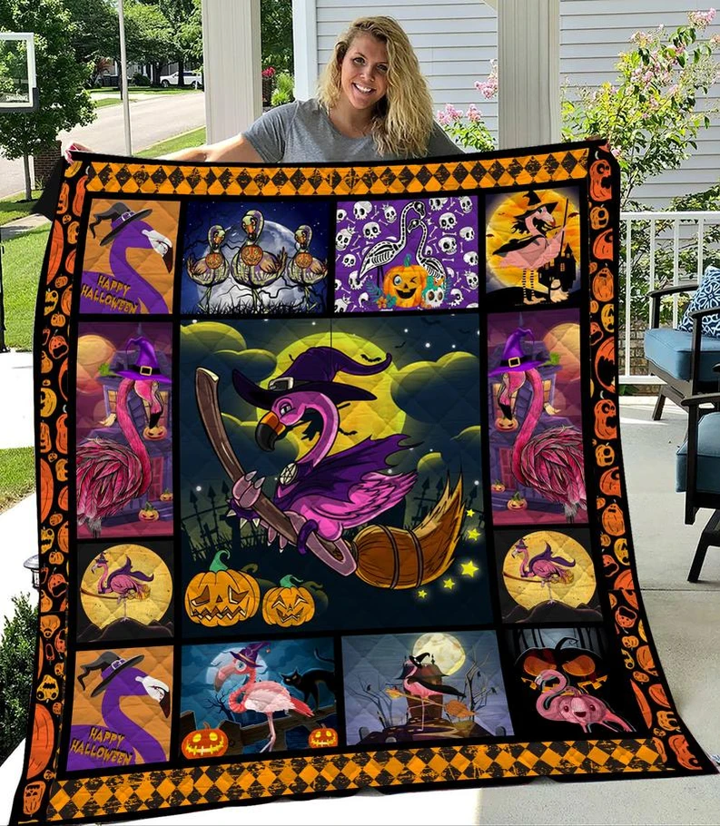 Flamingo Bird Witch Pumpkin Happy Halloween 3D Print Quilt Blanket