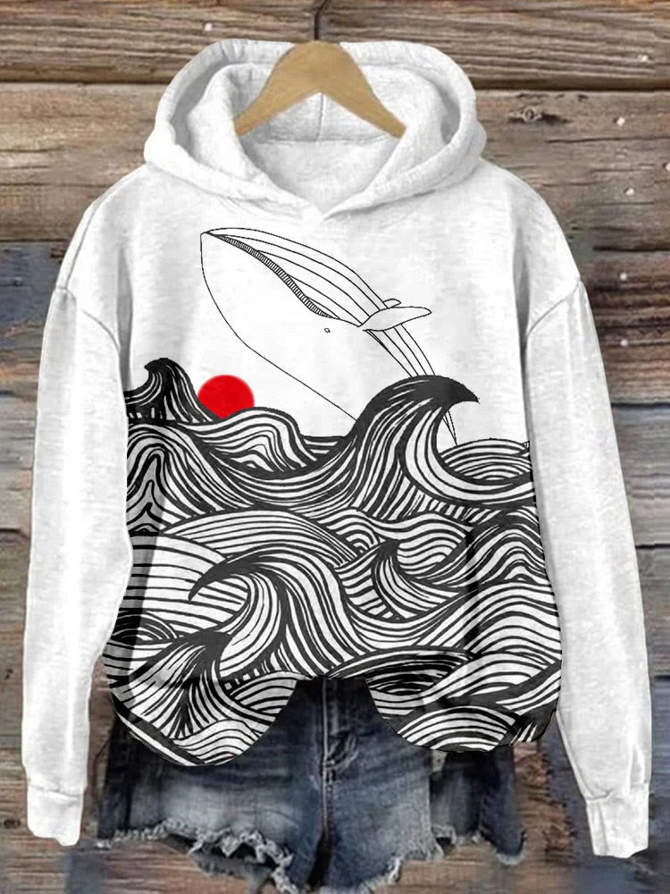 The Wave With Whale Art Graphic Comfy Hoodie