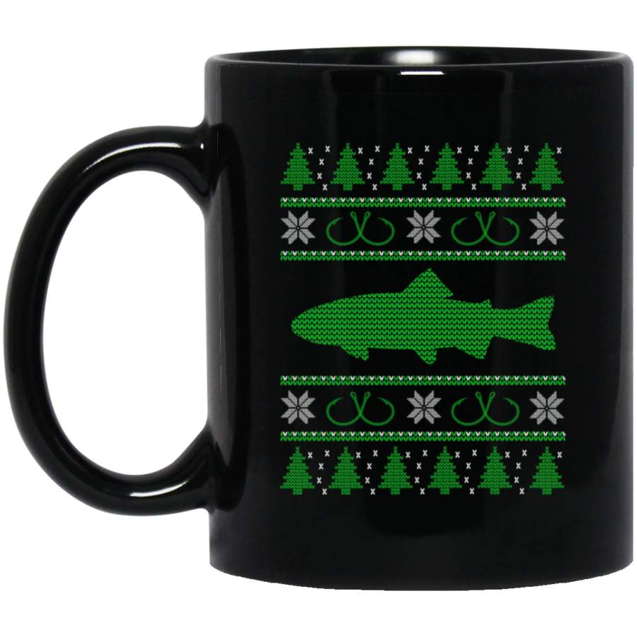 Ugly Christmas Rainbow Trout Fisherman Black Mug