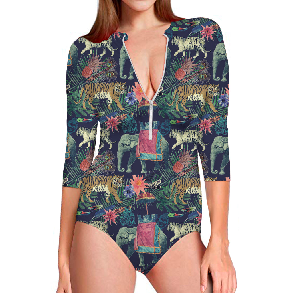 Asian Elephant And Tiger Print Long Sleeve One Piece Swimsuit