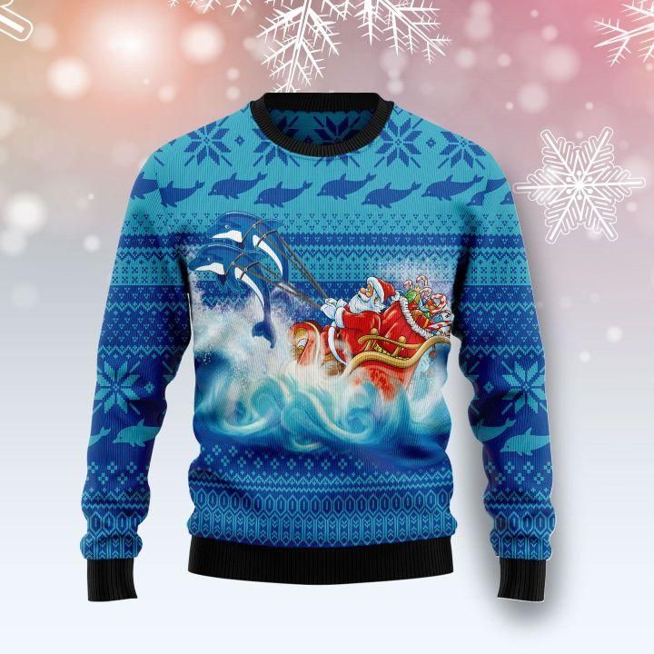 Dolphin Riding The Waves With Santa Ugly Christmas Sweater | For Men & Women | Adult | Us1540