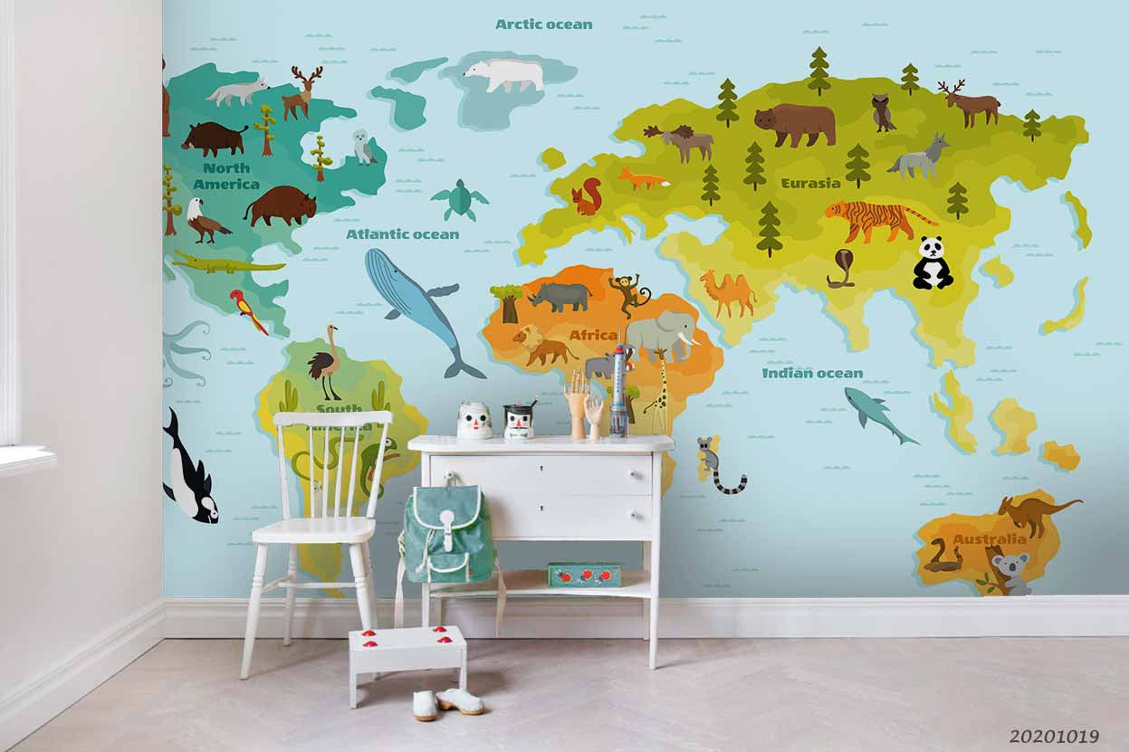 3D Cartoon Children Map Animal Wall Mural Wallpaper Wj 9431