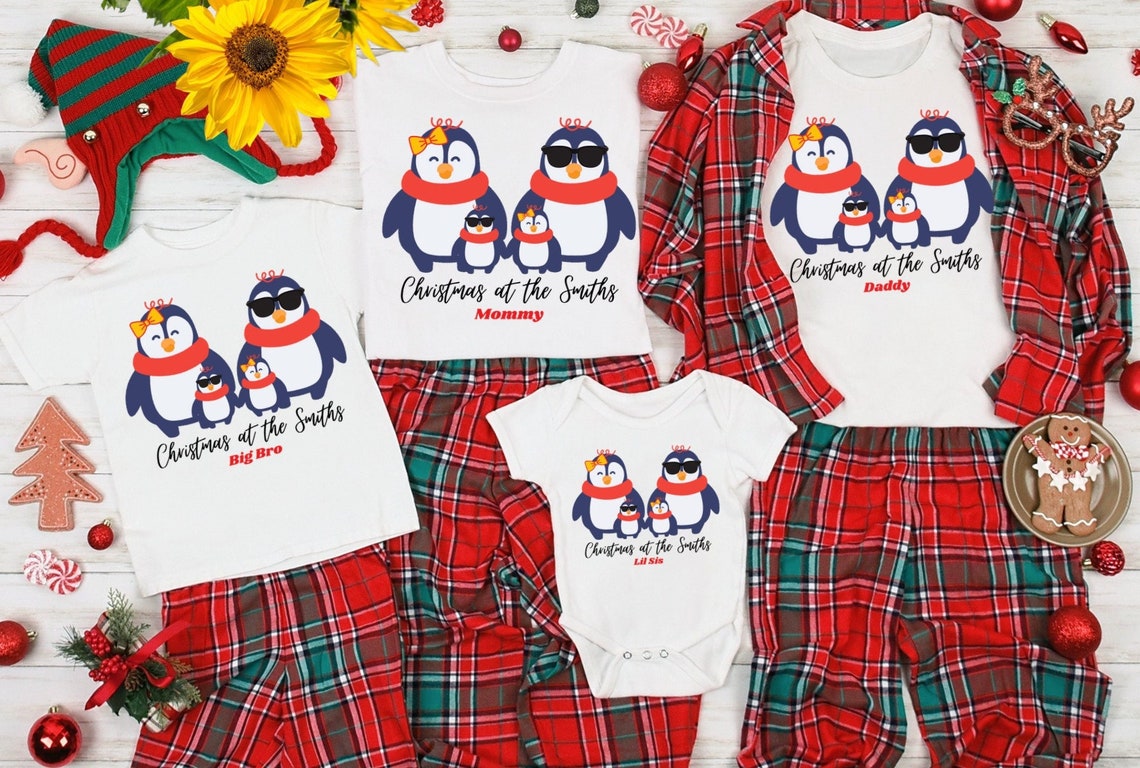 Personalized Family Matching Shirt Cute Penguins With Scarf Printed Custom Name & Title Funny Matching Xmas T-Shirt