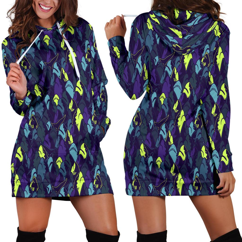 Shark Neon Color Print Women Hoodie Dress