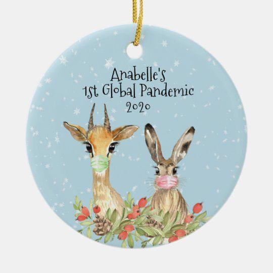 Personalized Ornament Deer Bunny Animal 1St Christmas Pandemic 2020 Customized Circle Ornament