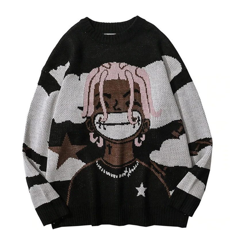 Harajuku vintage cartoon anime knitted sweater men winter oversized men’s rock hip hop rap pullover women jumper ugly sweater alx