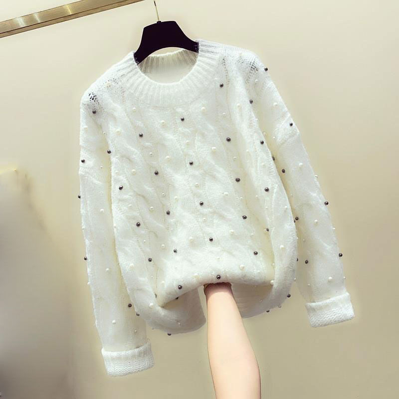 Women Autumn Winter Round Neck Beaded Knitted Sweater Twist Crocheted Pearls Pullovers Loose Retro Knitwear Jumpers Crop Tops alx