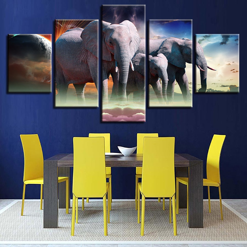 Wild Elephant Pack 5 Piece Hd Multi Panel Canvas Wall Art Frame