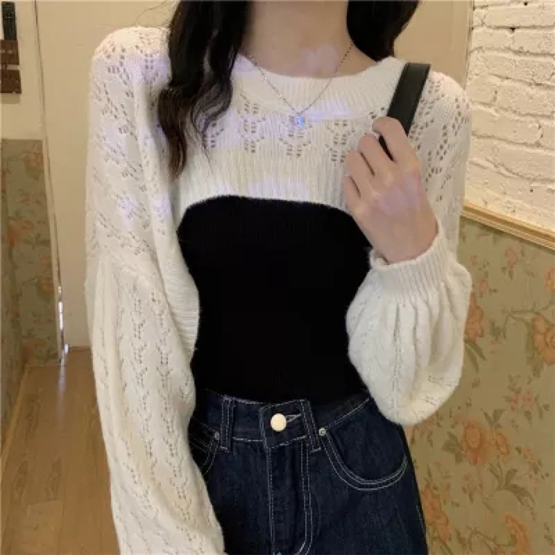 Women’s Knit Shrugs Cropped Sweaters Hollow out Pullovers Long Sleeves Cover Ups alx