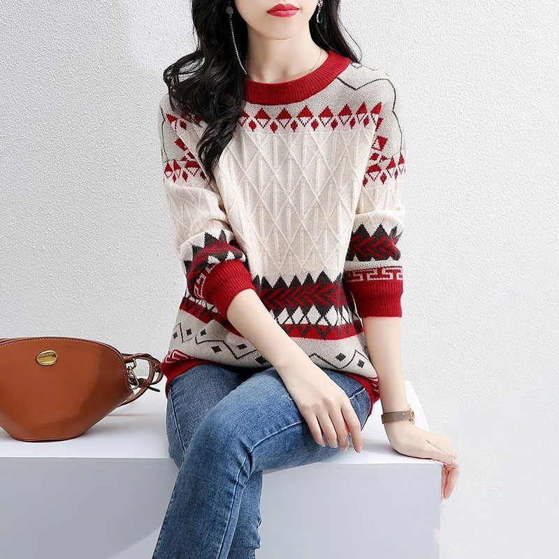 Sweater Women’s Pullover Knitwear Korean Loose Plus Velvet Round Neck Tops Trending Lattice Sweater Autumn and Winter Tops alx