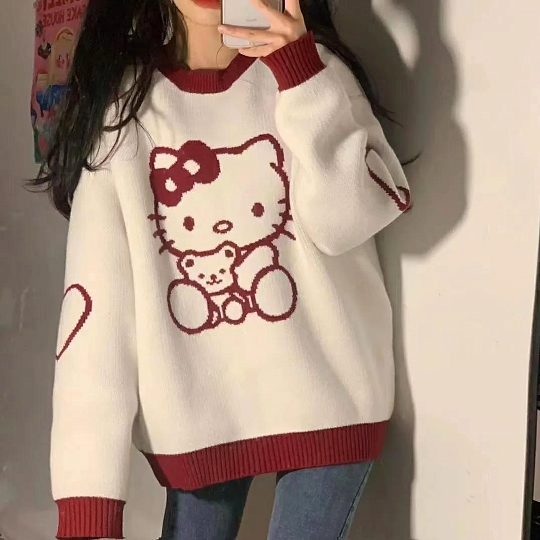 Sweet Girl Cartoon Cat Printed Sweater Women Loose O-neck Winter Tops Harajuku Fashion Teens Clothes Japan Style Streetwear 2022 alx