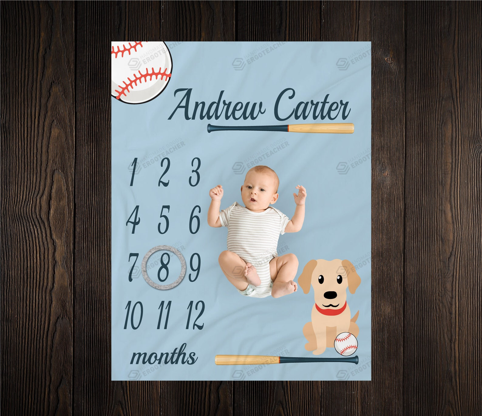 Personalized Puppy Dog And Baseball Monthly Milestone Blanket, Newborn Blanket, Baby Shower Gift Track Growth Keepsake