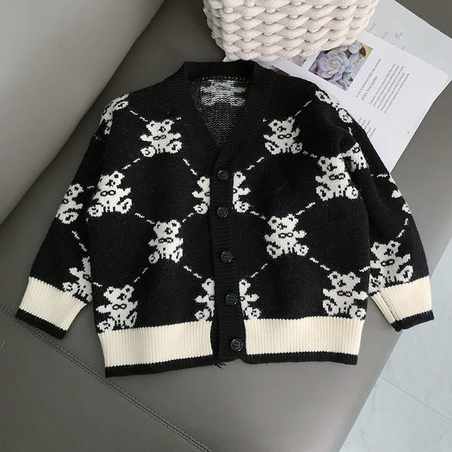 2021 Spring Autumn Girls Black Bear Cardigan Sweater Clothes Kids Cute Children’s Coats Outerwear Jackets Clothing Fashion alx