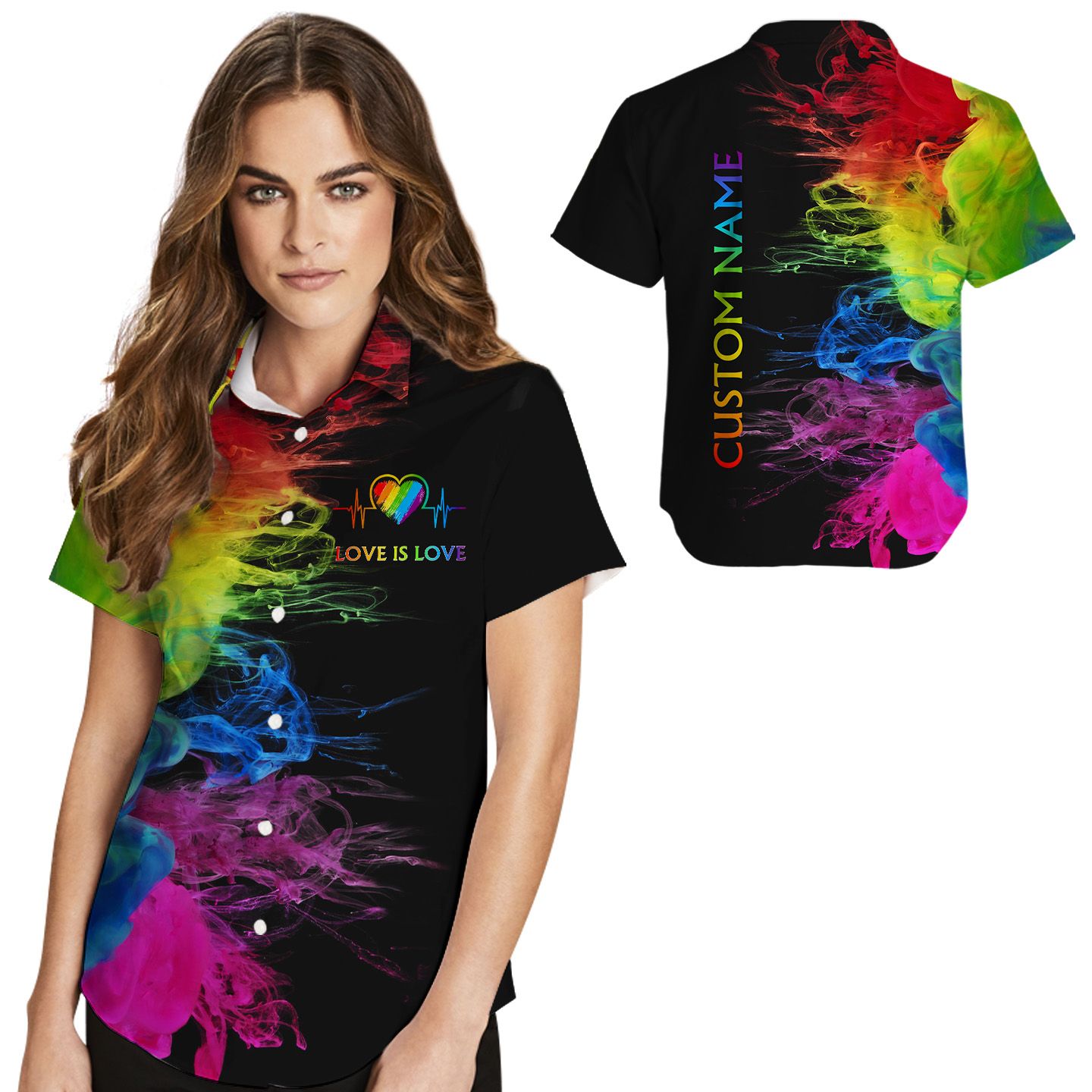 Love Is Rainbow Heartbeats Custom Name Women Hawaii Shirt For Lgbt Community Ha48190