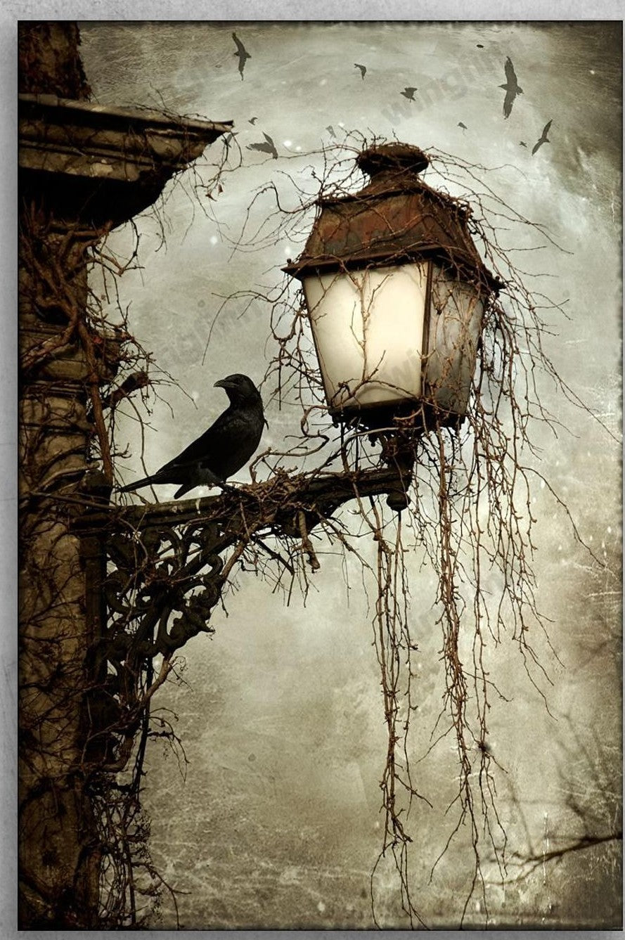 Black Bird And A Lamp Horror Halloween Landscape Canvas And Poster, Canvas Prints, My Poster Wall, Canvas Wall Art, Wall Decor Visual Art, Halloween Gift, Happy Halloween